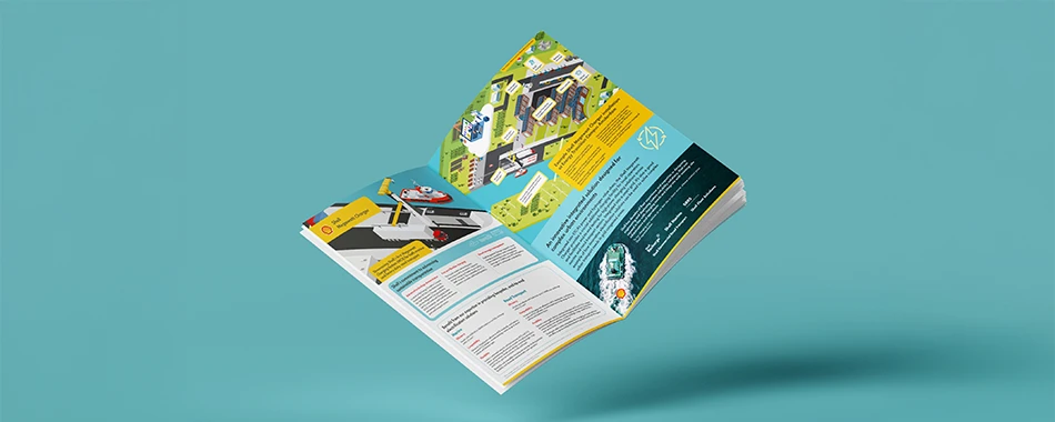 Offene Shell Megawatt-Ladestation-Broschüre mit illustrierten Anwendungsfällen für Schiffs- und Schwerlastfahrzeug-Ladung