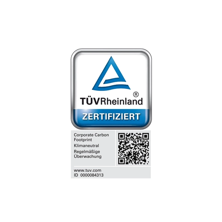 TÜV Rheinland Klimazertifikat mit QR-Code und Angaben zur Klimaneutralität