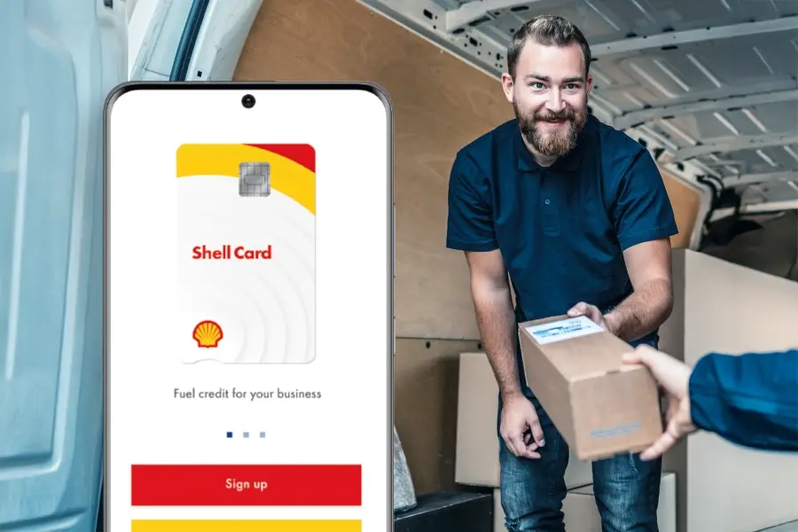 sbrs-related-topic-shell-fleet Delivery driver receives a package beside a Shell Card app screen displayed on a smartphone.