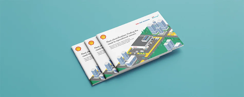 Cover of the Shell report “Fleet electrification: Finding the road to operational success,” shown in a stacked layout.