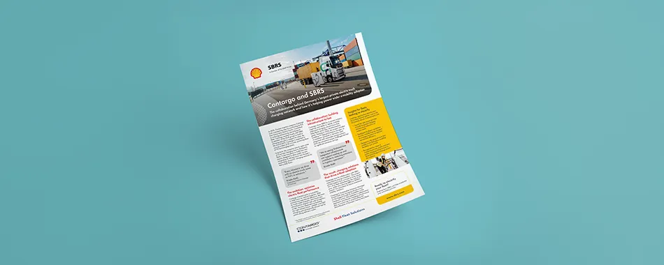 Offene Shell Megawatt-Ladestation-Broschüre mit illustrierten Anwendungsfällen für Schiffs- und Schwerlastfahrzeug-Ladung