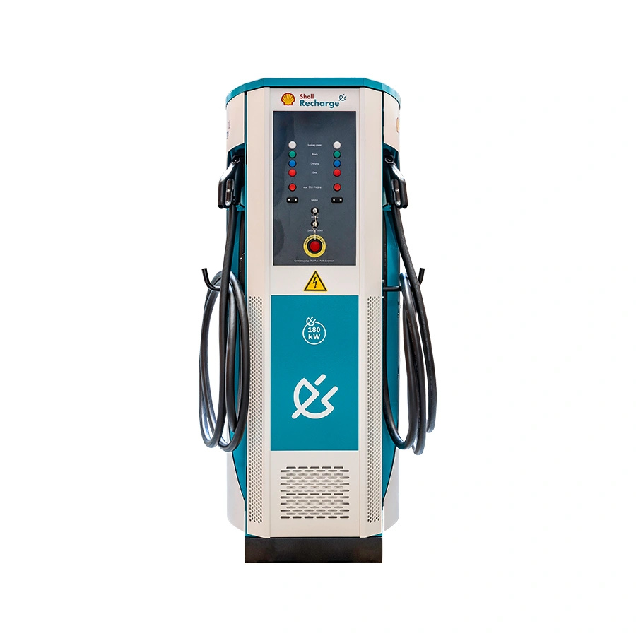 Front view of SBRS Flex180 DC charging station with dual charging cables