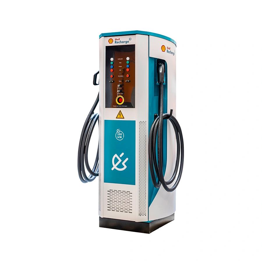 Angled side view of SBRS Flex180 DC charging station with dual cable setup