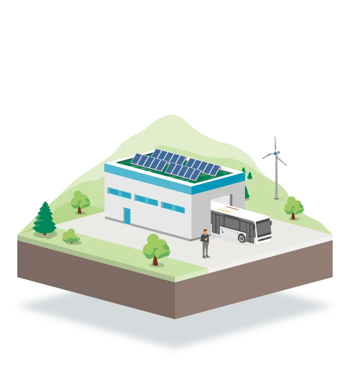 sbrs-industrie-bus-betrieb-grafik Grafik zeigt ein E-Bus-Depot mit Solarpanels, Windrad und Ladebereich für E-Busse