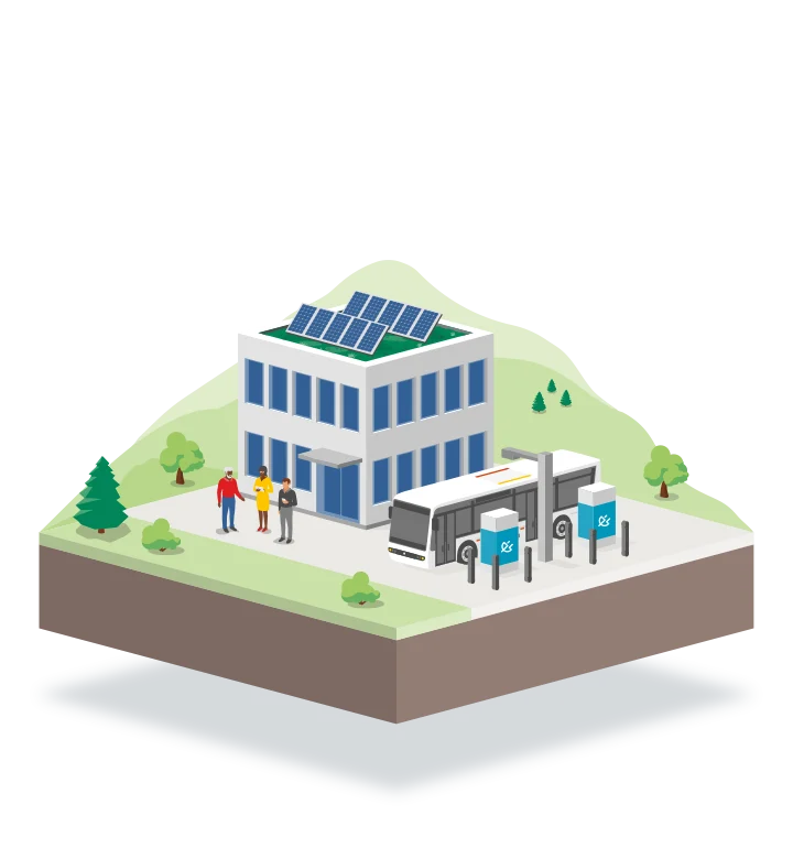 sbrs-industrie-bus-planung-grafik Grafik zeigt ein E-Bus-Depot mit Ladestationen, Solarpanels und Personen in der Planung