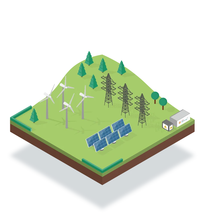 Grafik zeigt ein erneuerbares Energie-Setup mit Solarpanels, Windrädern und Netzinfrastruktur
