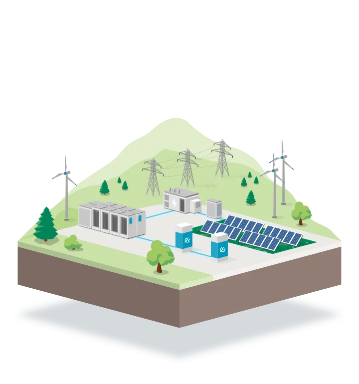 Graphic showing a renewable energy setup with solar panels, wind turbines and truck charging