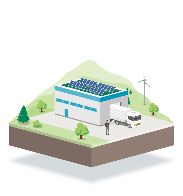 sbrs-industrie-truck-operation-grafik Graphic showing an electric truck depot in daily operation with charging infrastructure