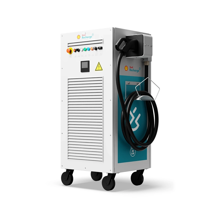 FLEX80 MOBILE system with main charging unit and separate compact mobile component, both with wheels and charging cables