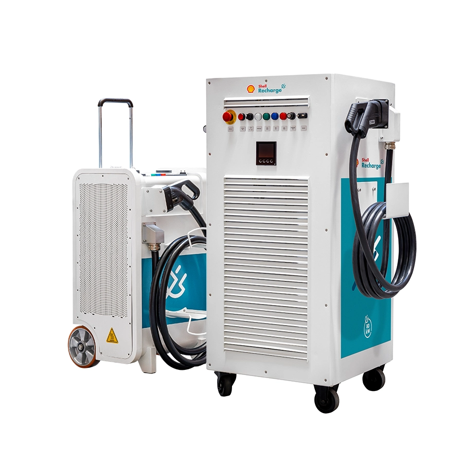 FLEX80 MOBILE system with main charging unit and separate compact mobile component, both with wheels and charging cables