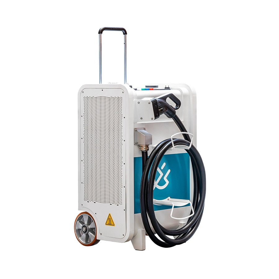 Rear view of the FLEX80 MOBILE unit with integrated wheels and visible cooling vents