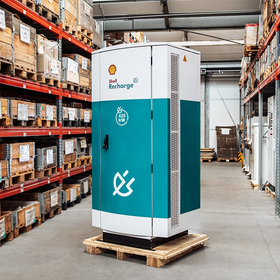 MOCA high-power charger on a pallet in a warehouse, angled front-side view