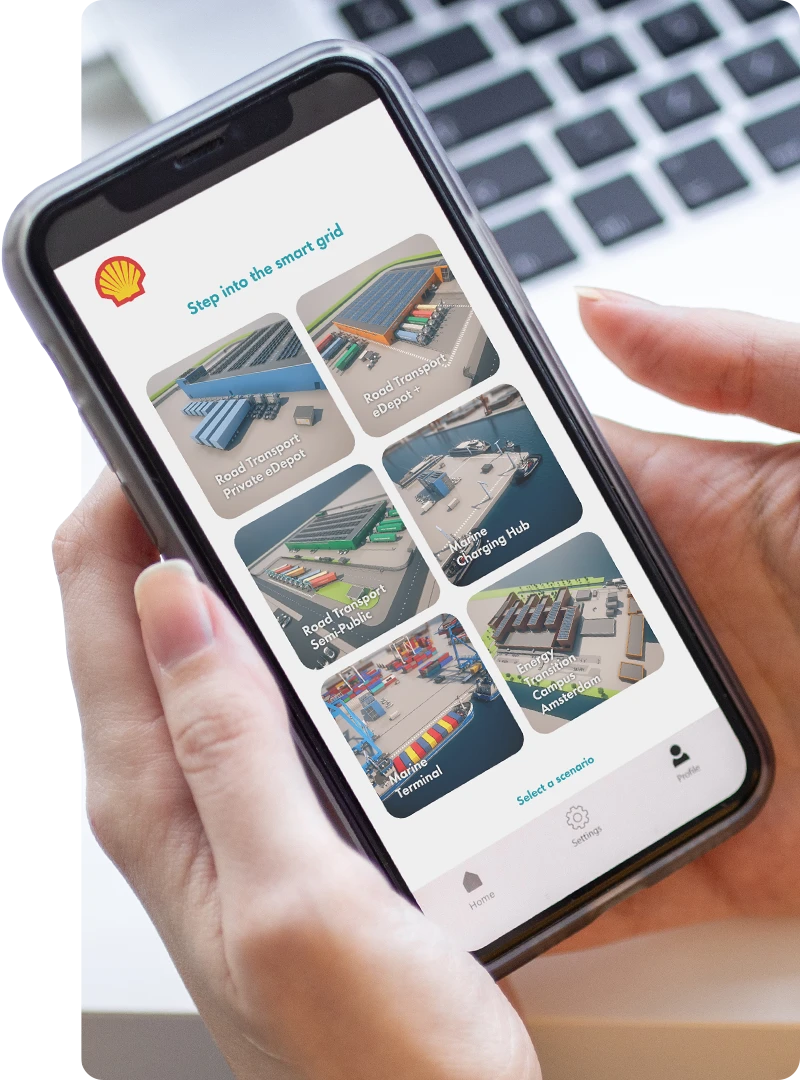 sbrs-solutions-overview-step-into-shells-microgrid Person holding smartphone with Shell Microgrid planning scenarios – showing digital fleet optimisation.