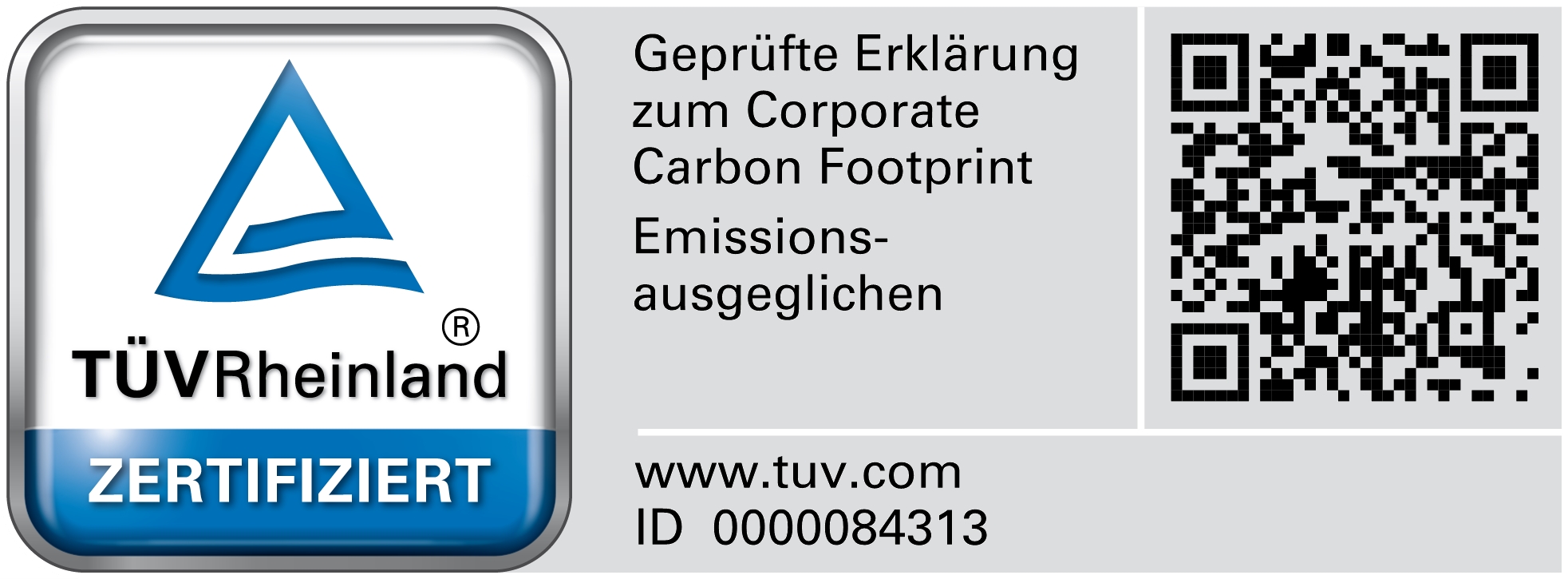 TÜV Rheinland Klimazertifikat mit QR-Code und Angaben zur Klimaneutralität