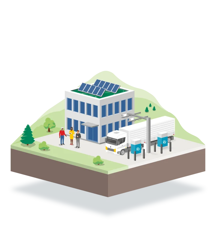Grafik zeigt ein E-Lkw-Depot mit Ladestationen, Solarpanels und Personen in der Planung
