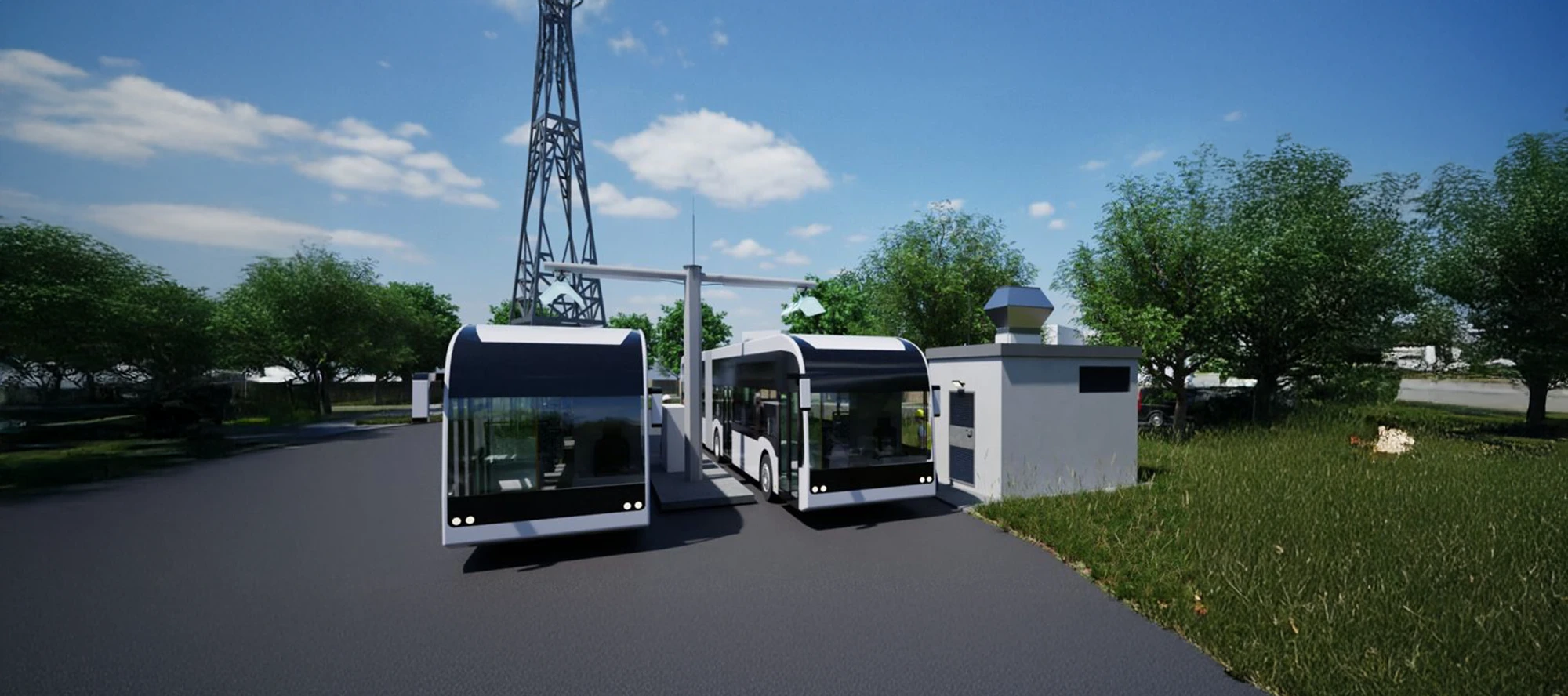 Zwei Elektrobusse an einer Ladestation am Terminal mit Infrastruktur und Grünflächen im Hintergrund